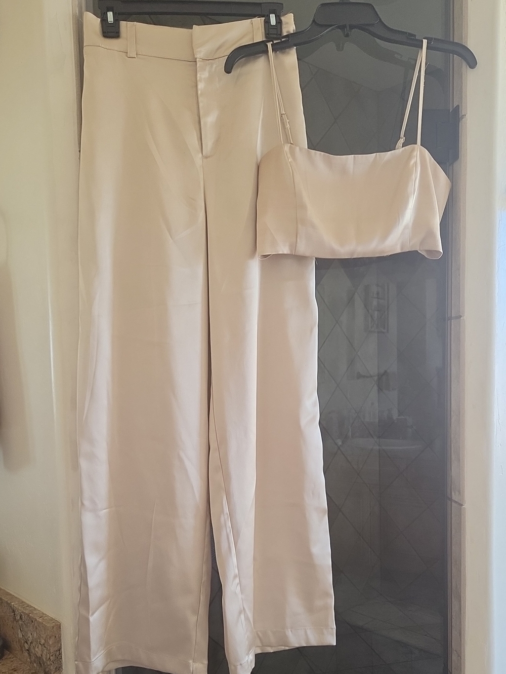 House of Harlow 1960 Cream / Gold Satin Wide-Leg Pants with Cropped Cami